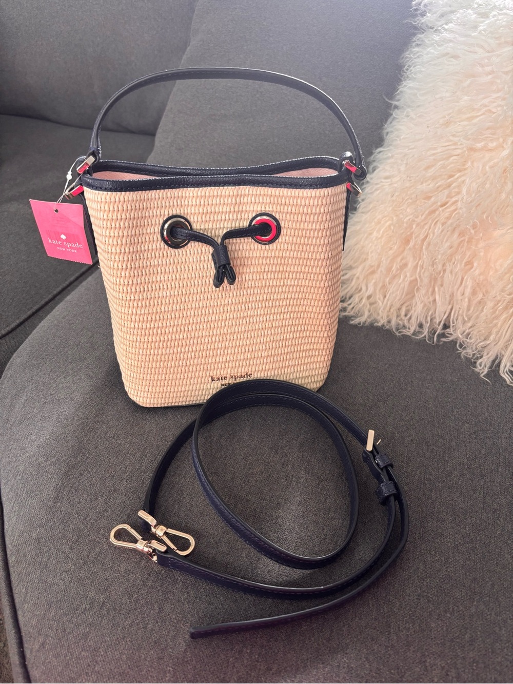 Kate Spade Beige Straw Crossbody Bag with Blue Trim